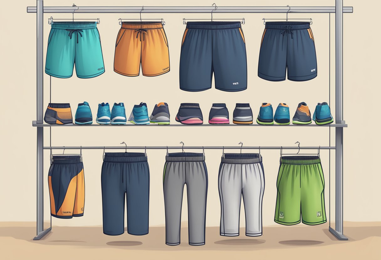 A variety of running shorts in different styles and sizes are displayed on a rack, with labels indicating body type and running style suitability