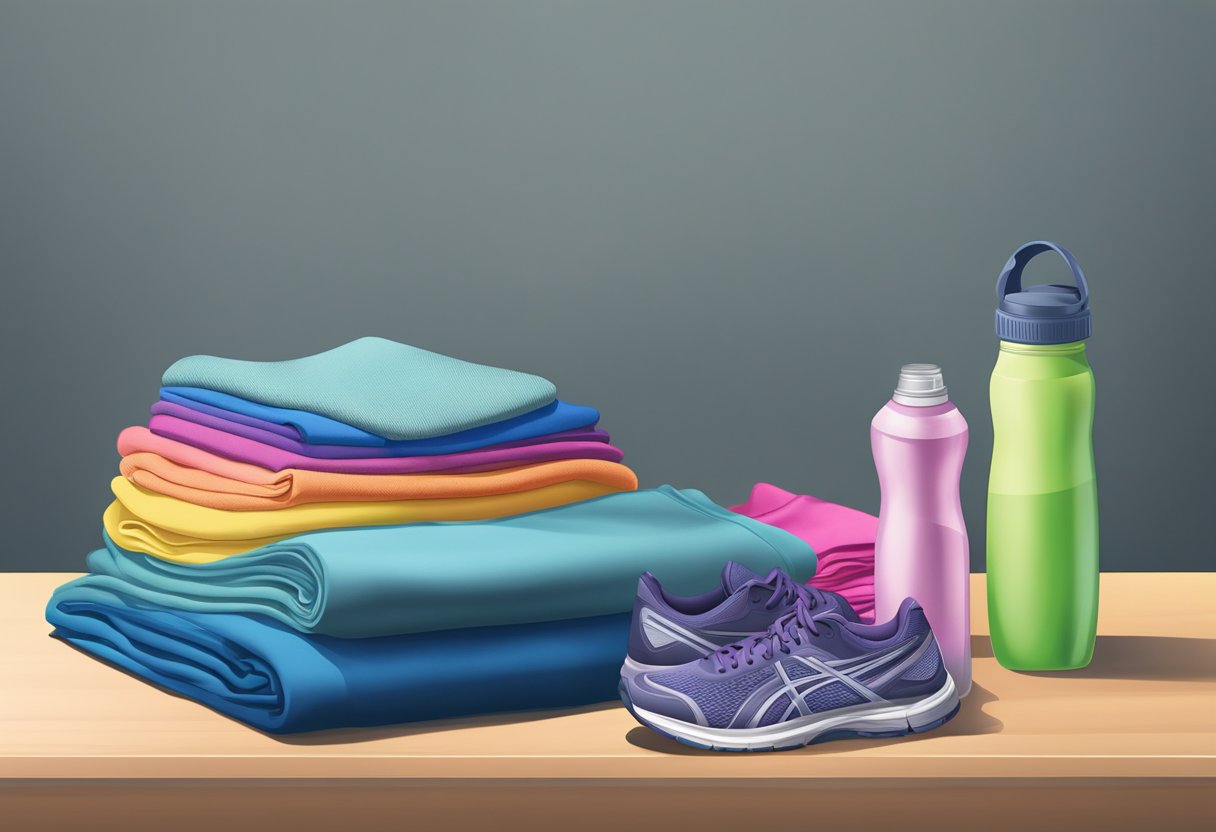 A stack of various fabrics, including spandex, polyester, and nylon, laid out on a table. A pair of running shoes and a water bottle sit nearby