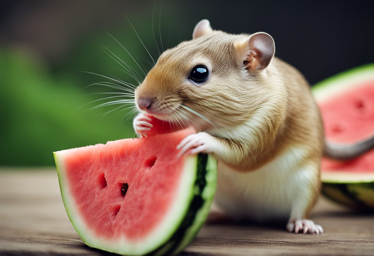 A gerbil nibbles on a slice of watermelon, its small paws holding the juicy fruit while it munches happily