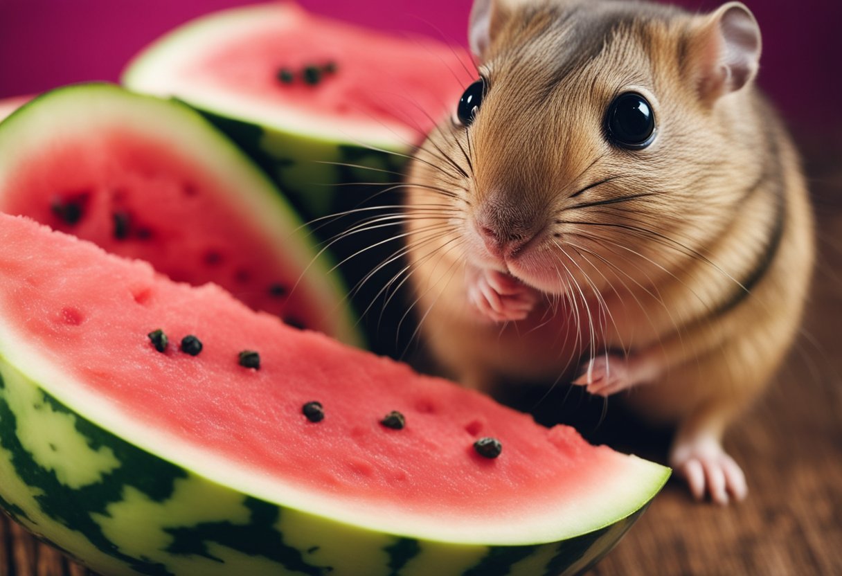 A gerbil nibbles on a slice of watermelon, its tiny paws holding the fruit steady as it enjoys the juicy treat