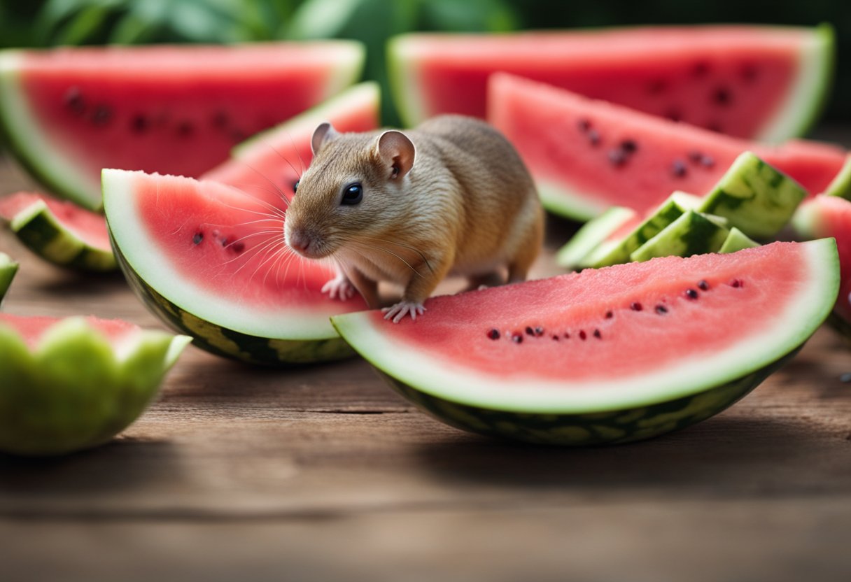 A group of gerbils surround a juicy watermelon, sniffing and nibbling on the sweet fruit