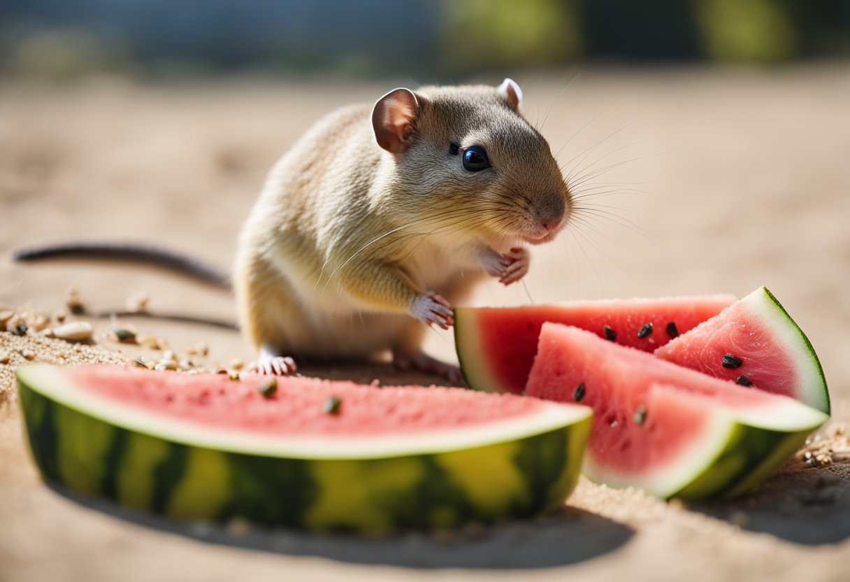 A gerbil nibbles on a slice of watermelon, seeds scattered around