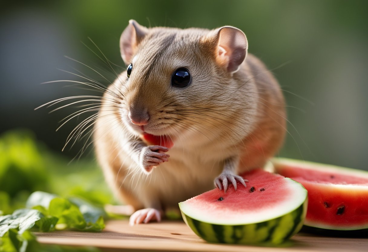 A gerbil nibbles on a slice of watermelon, its tiny paws holding the fruit as it chews