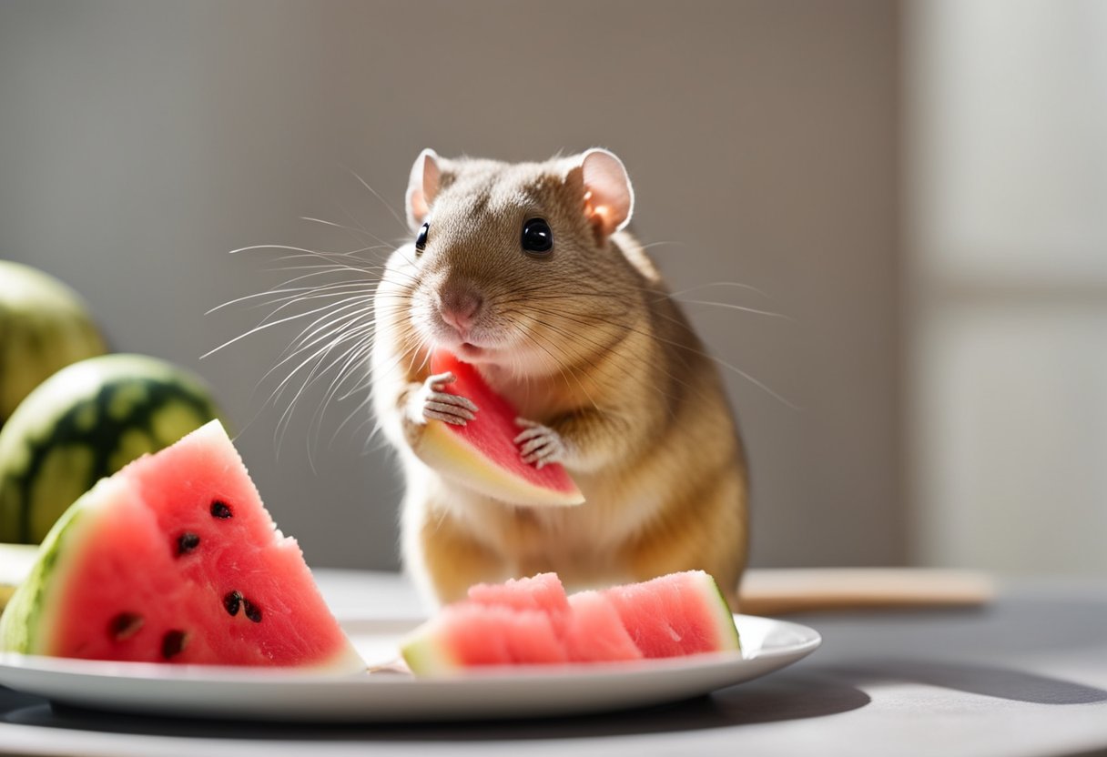 A gerbil stands on its hind legs, sniffing a slice of watermelon on a plate. The bright pink fruit contrasts against the furry brown and white rodent