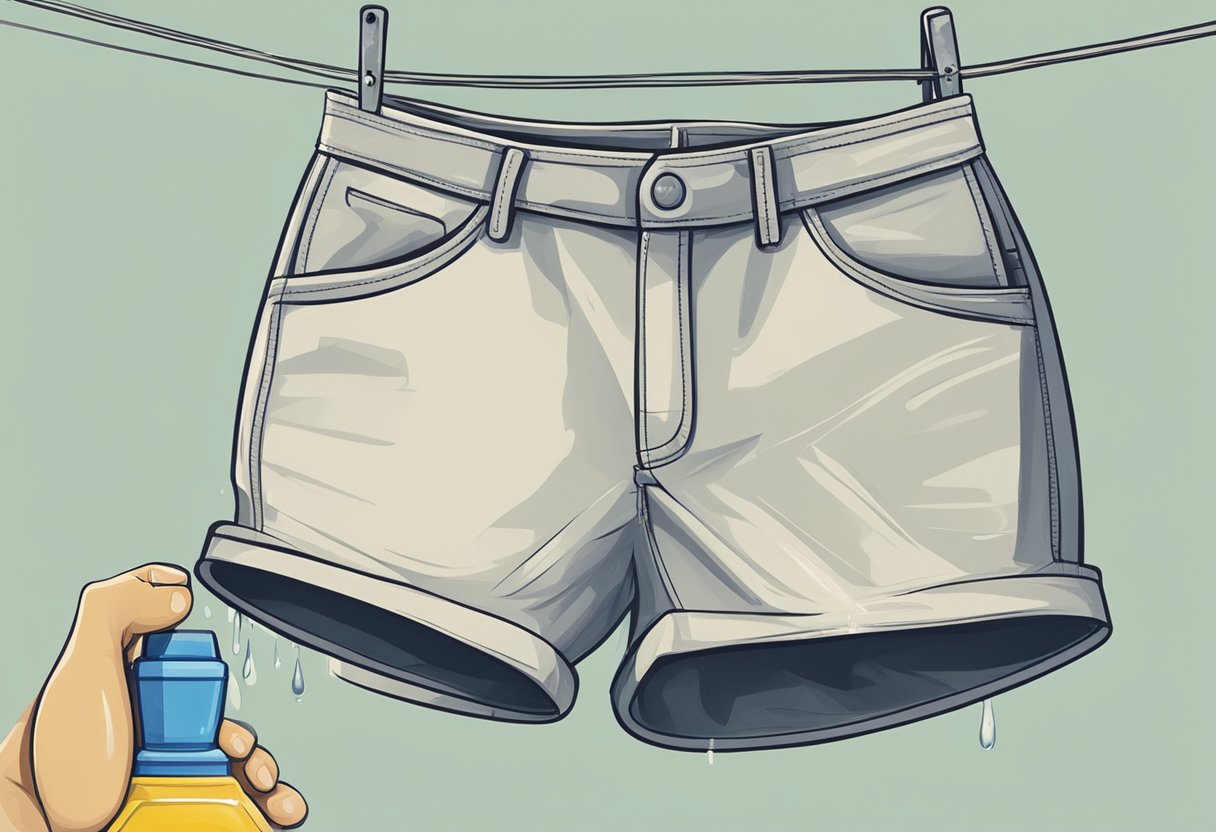 Work shorts hung on a clothesline, being gently brushed with a soft-bristled brush to remove dirt and debris. A bottle of mild detergent and a bucket of water nearby for hand washing