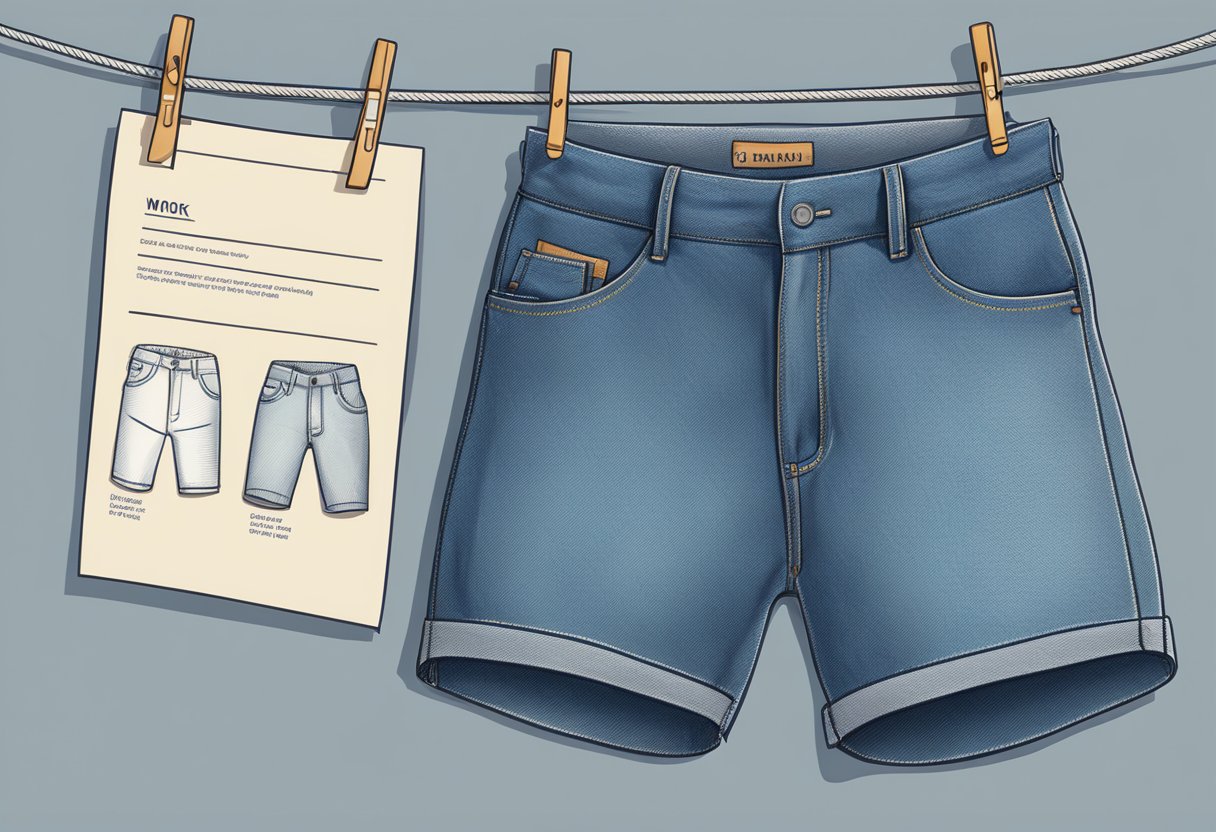A pair of work shorts hanging on a clothesline, with care labels visible. A variety of fabric types, such as denim and canvas, are neatly folded nearby