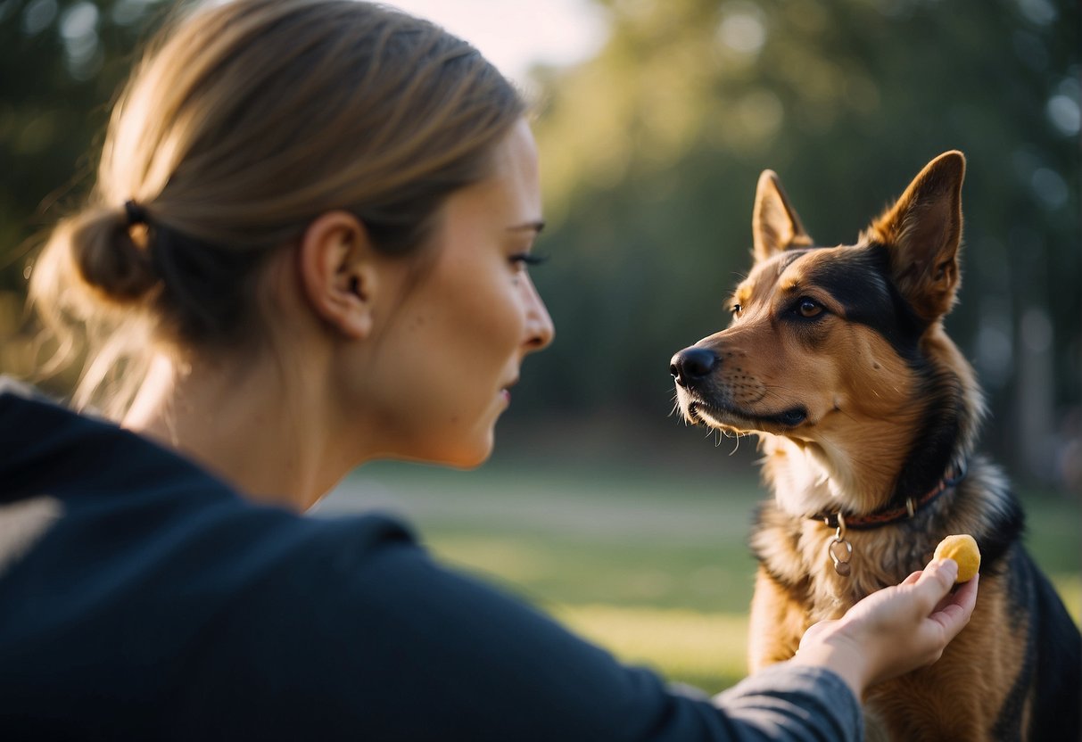 A dog sits attentively as its trainer holds a treat. The trainer gives a command, and the dog eagerly follows, demonstrating obedience and focus