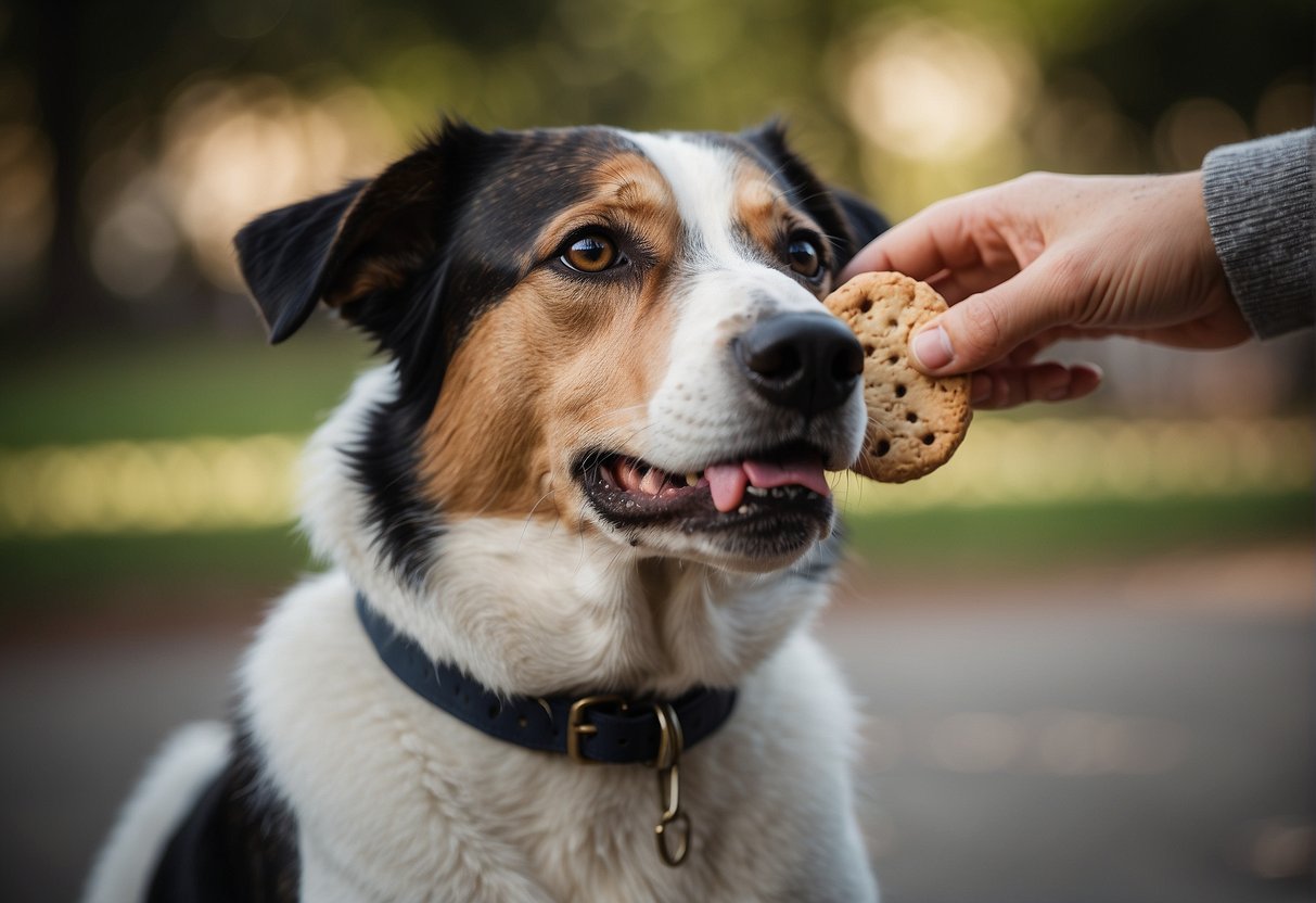 A dog sitting attentively, ears perked, eyes focused on a person holding a treat. The person is using hand gestures and verbal cues to train the dog