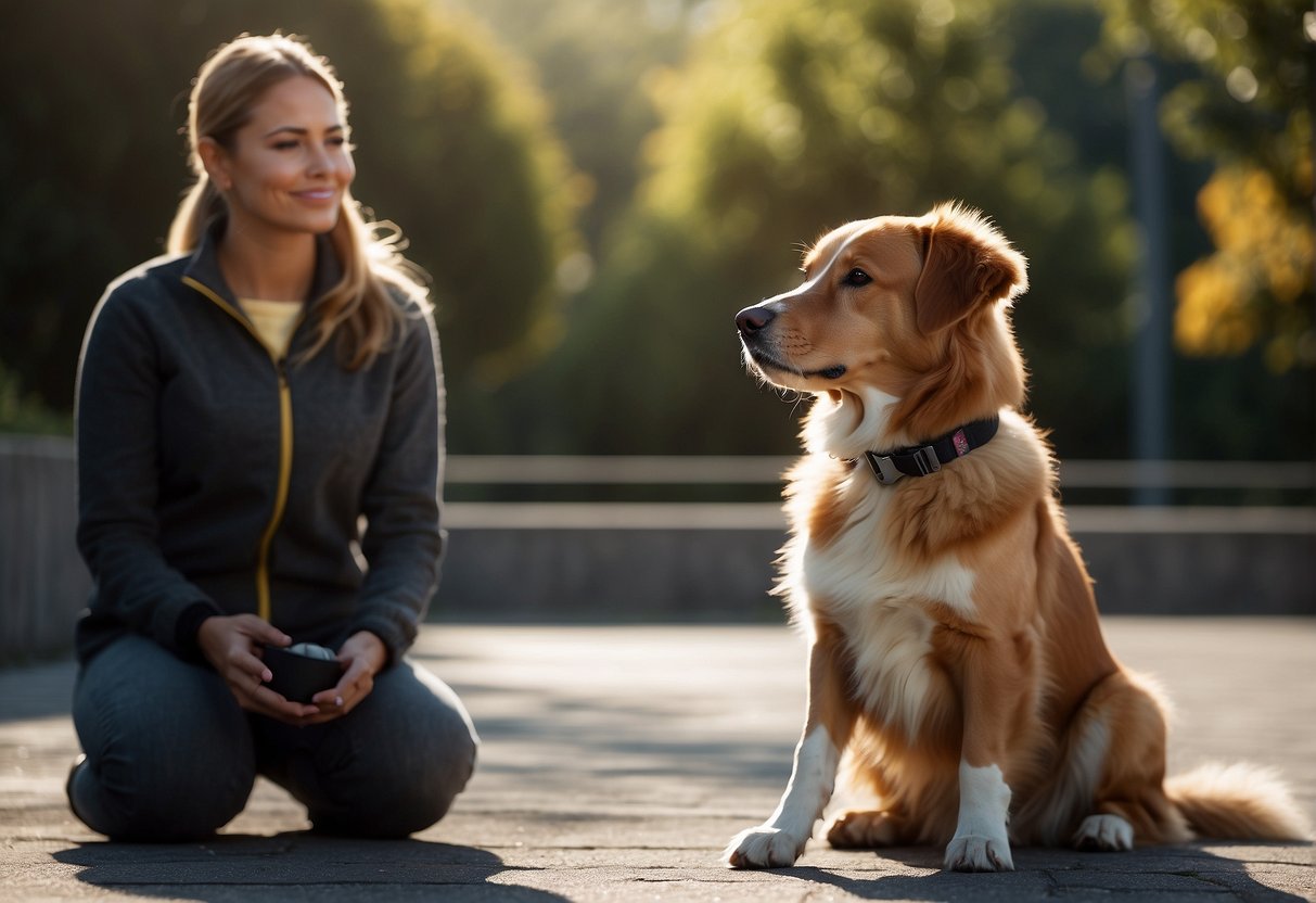A dog sits attentively as its trainer gives commands, using positive reinforcement techniques