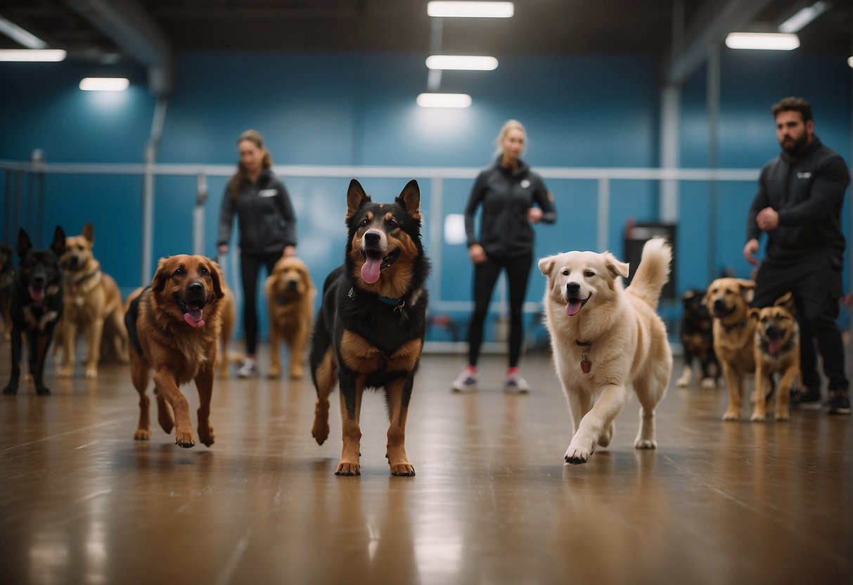 A group of dogs engaged in various training activities, with trainers guiding and instructing them in a spacious and well-equipped training facility