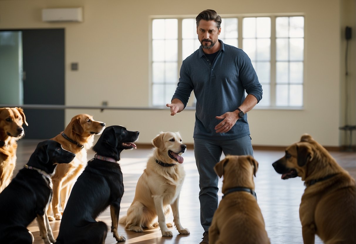 A dog trainer instructs a group of attentive dogs, demonstrating various commands and techniques in a spacious, well-lit training facility