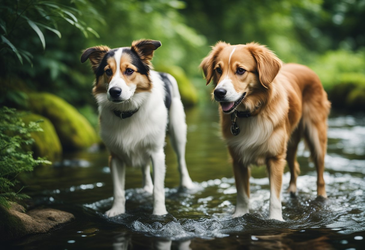 Two dogs drinking from a clear, flowing stream, surrounded by lush green vegetation