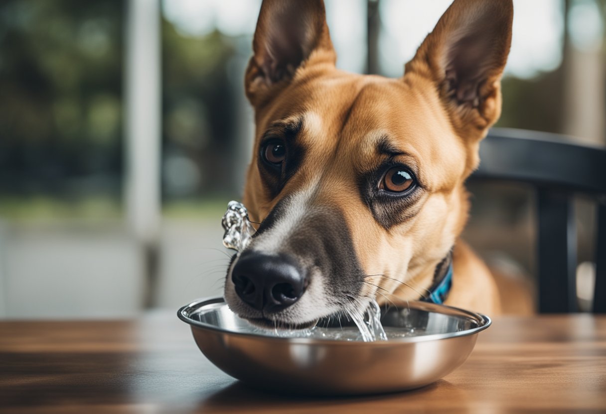 A dog eagerly drinking from a clean bowl of water, with a happy expression and a wagging tail, showcasing the importance of hydration for dogs' health