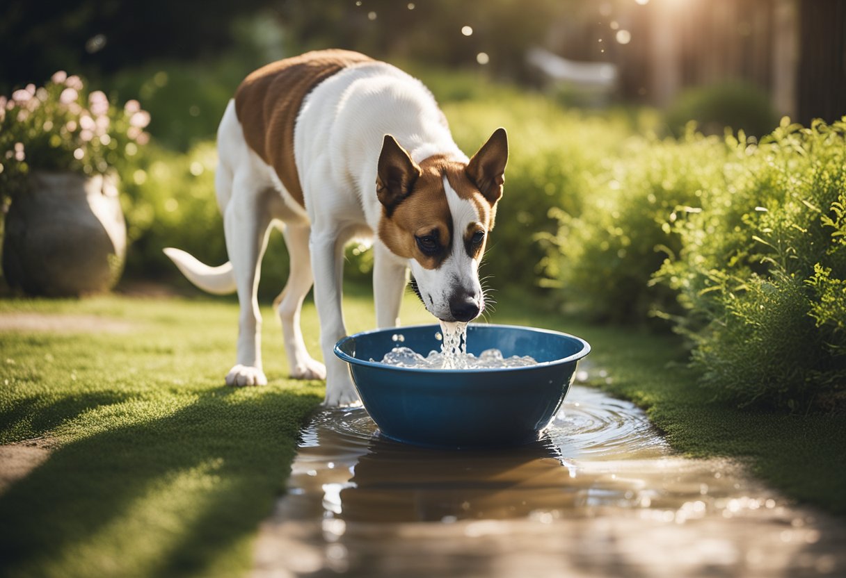 A dog happily drinks from a clean, overflowing water bowl in a sunny backyard