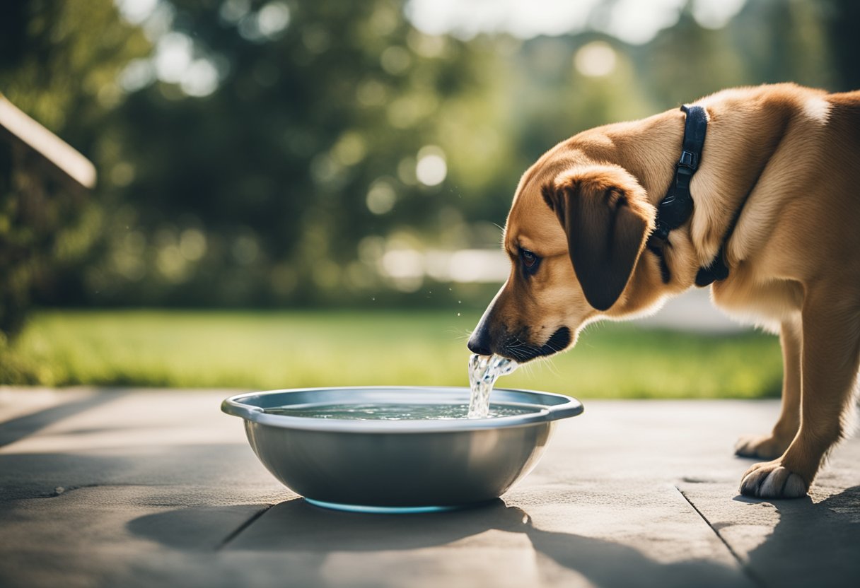 A dog happily drinking from a clean water bowl labeled "Frequently Asked Questions water for your dogs health"