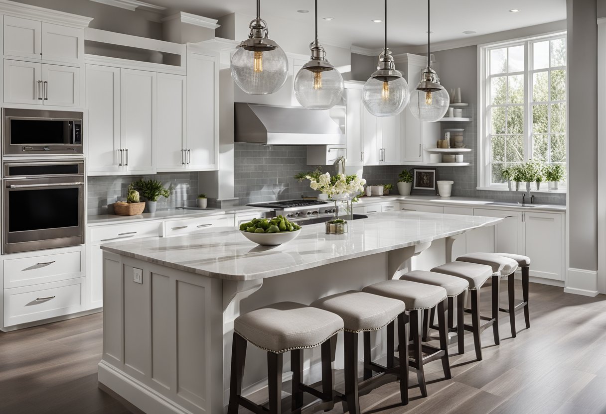 A modern kitchen with sleek, white cabinets, marble countertops, and stainless steel appliances. A large island in the center with pendant lighting above