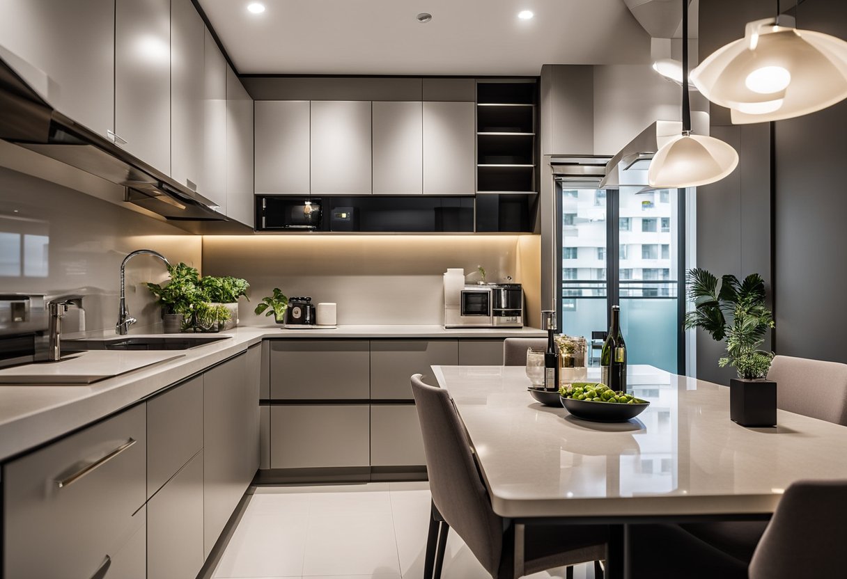 A modern HDB kitchen with sleek cabinets, granite countertops, and stainless steel appliances. Bright lighting and a minimalist color palette create a clean and functional space