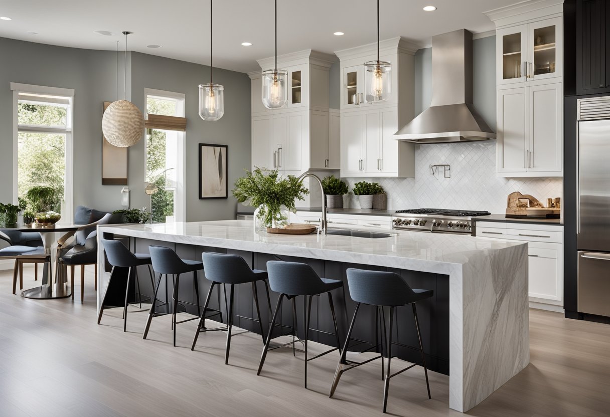 A sleek, open-concept kitchen with minimalist cabinets, marble countertops, and stainless steel appliances. A large island with bar seating is the focal point, surrounded by natural light and modern pendant lighting