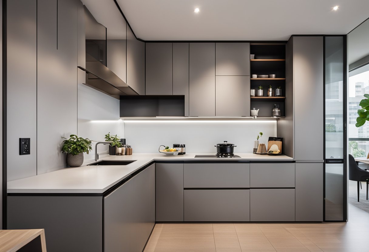 A spacious HDB kitchen with modern appliances, ample storage, and a sleek, minimalist design. The countertops are made of durable materials, and the overall layout maximizes functionality
