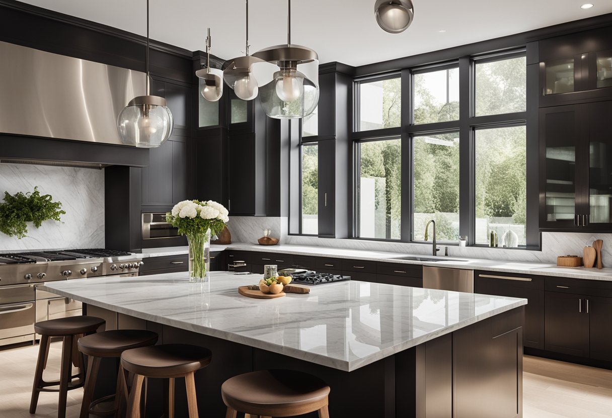 A sleek kitchen with stainless steel appliances, marble countertops, and minimalist cabinetry. A large island with bar stools sits in the center, while natural light floods in through large windows