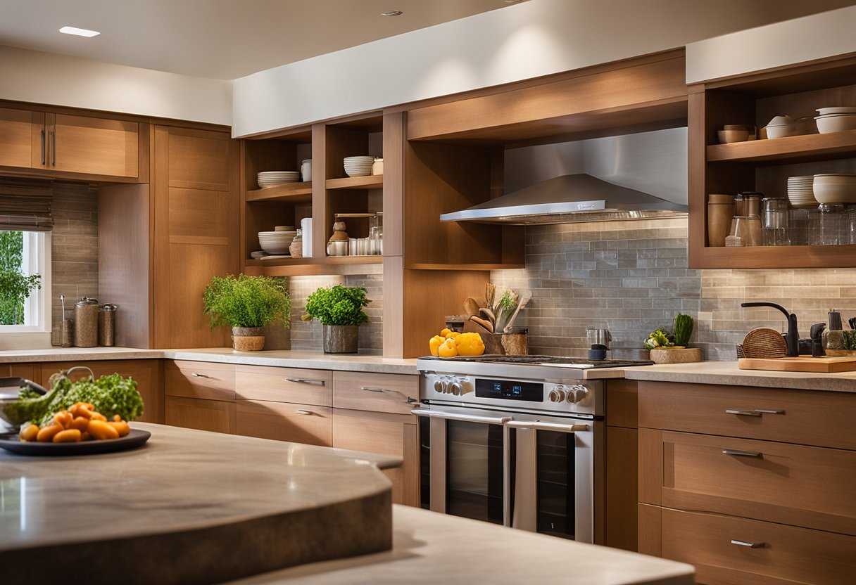 The kitchen is bathed in warm, natural light, highlighting the rich textures of wood cabinetry and stone countertops. Vibrant pops of color from fresh produce and cookware add visual interest