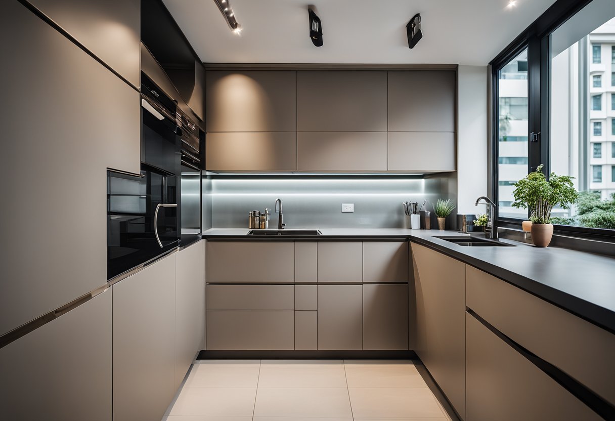 A modern HDB kitchen with sleek, minimalist cabinets and ample countertop space for functionality