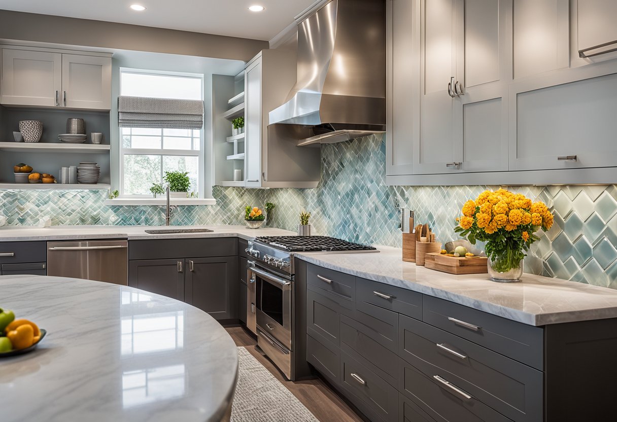 A sleek, modern kitchen with clean lines, stainless steel appliances, and marble countertops. A pop of color is added with vibrant backsplash tiles