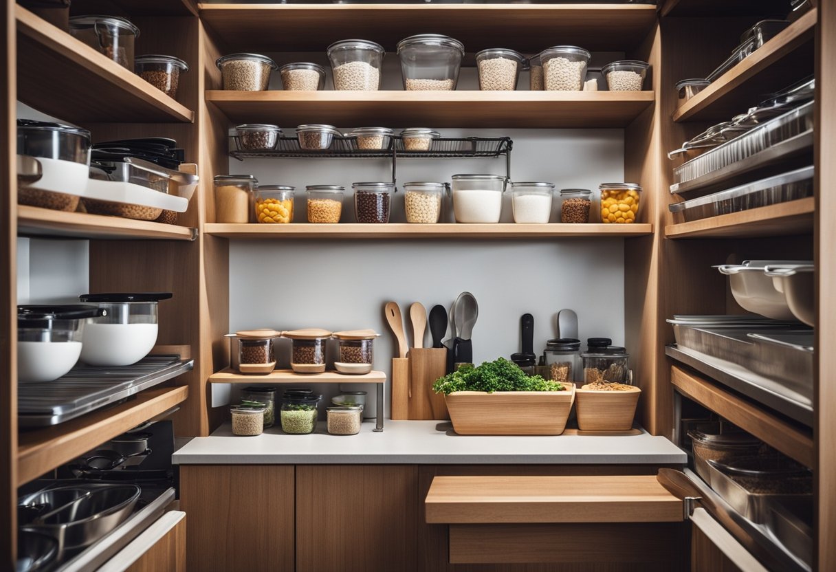 A well-organized kitchen with labeled storage containers, hanging utensils, and pull-out pantry shelves