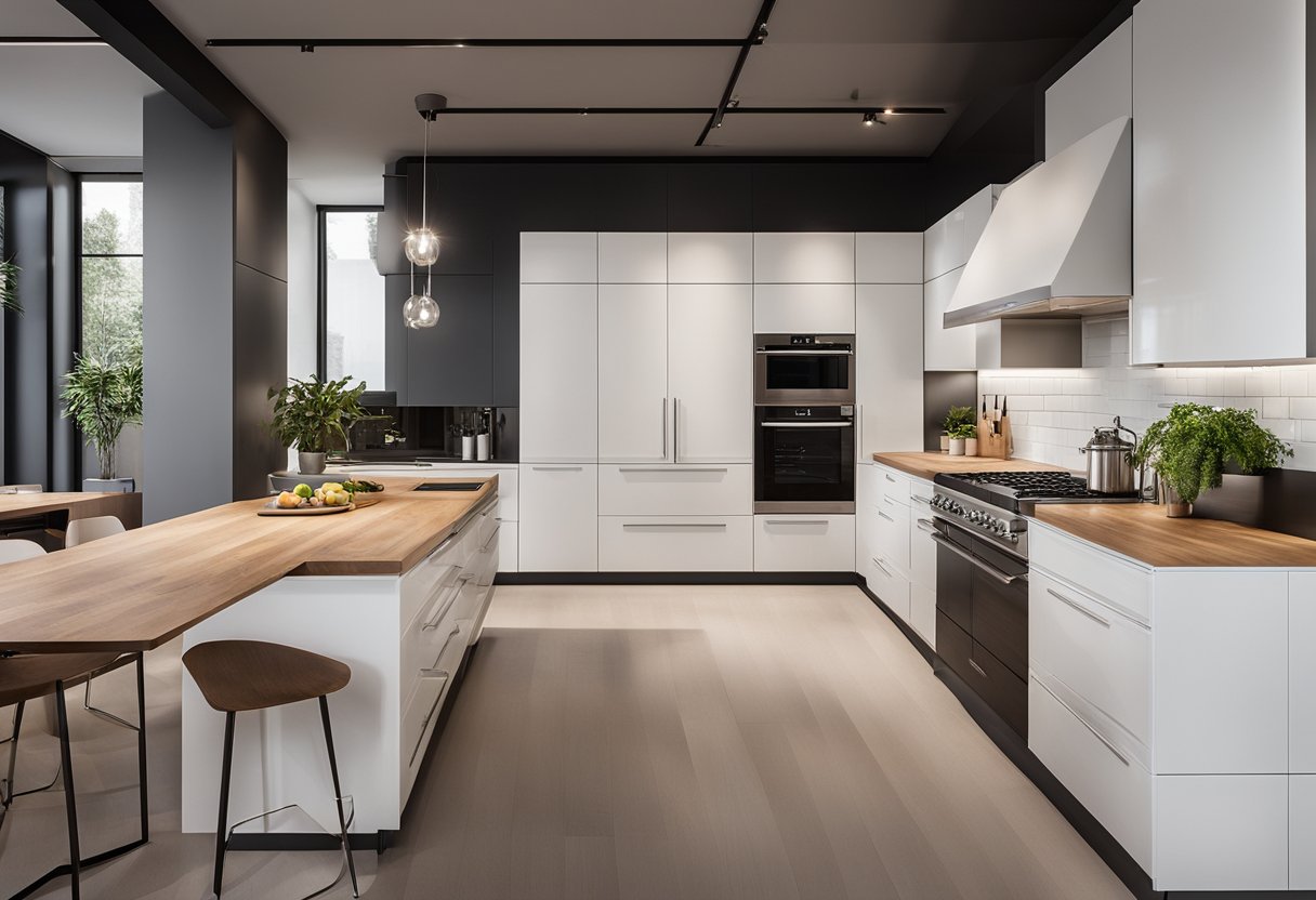 The kitchen layout maximizes space with efficient storage and functional work areas. Cabinets and appliances are strategically placed for easy access and smooth workflow