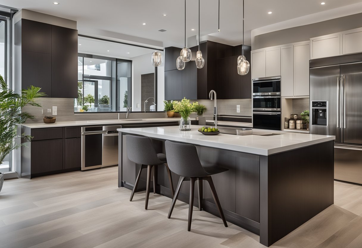 A sleek, open-concept kitchen with stainless steel appliances, minimalist cabinetry, and a large central island with a sleek, waterfall countertop