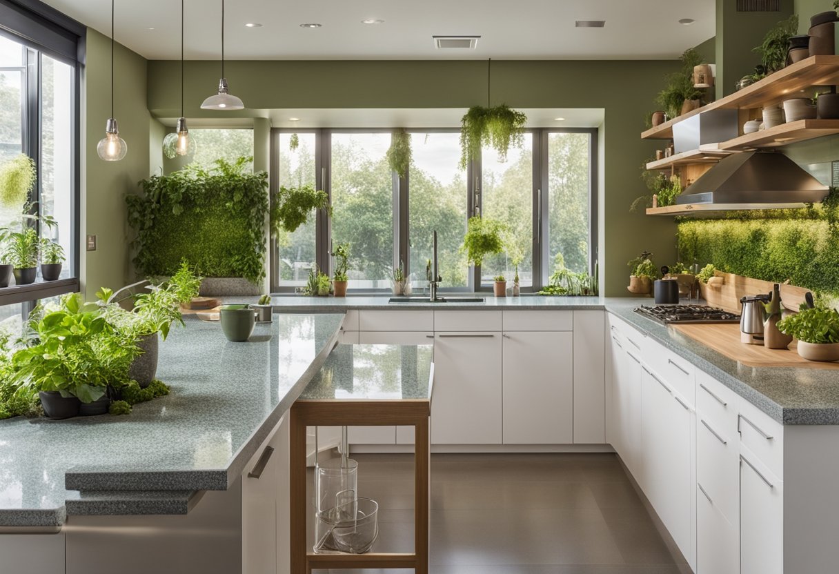 A bright, open kitchen with recycled glass countertops, energy-efficient appliances, and a vertical garden wall. Eco-friendly materials and natural light create a sustainable and inviting space