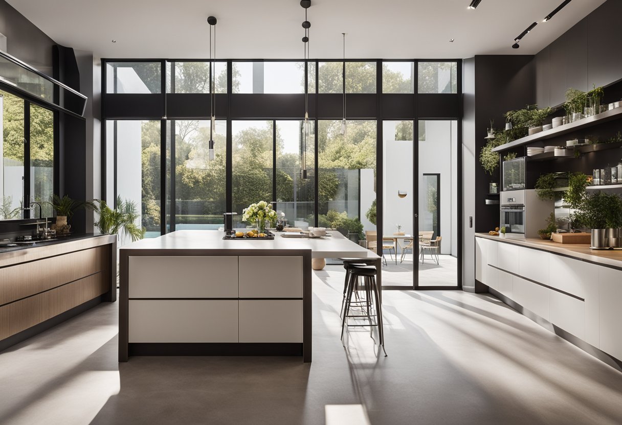 A spacious kitchen with modern appliances, ample storage, and a large island for meal prep. Natural light floods the room, highlighting the sleek, minimalist design