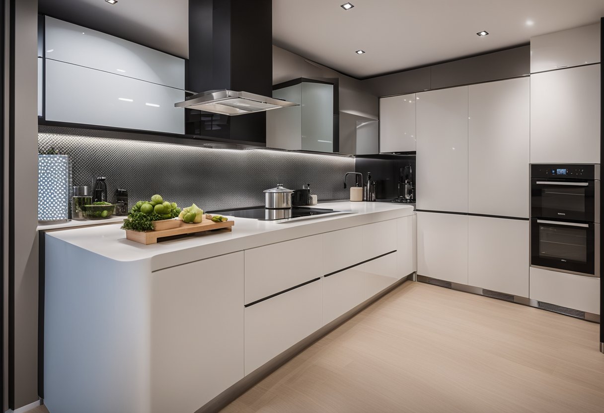 A modern HDB kitchen with sleek, space-saving cabinets, integrated appliances, and a stylish island for cooking and entertaining