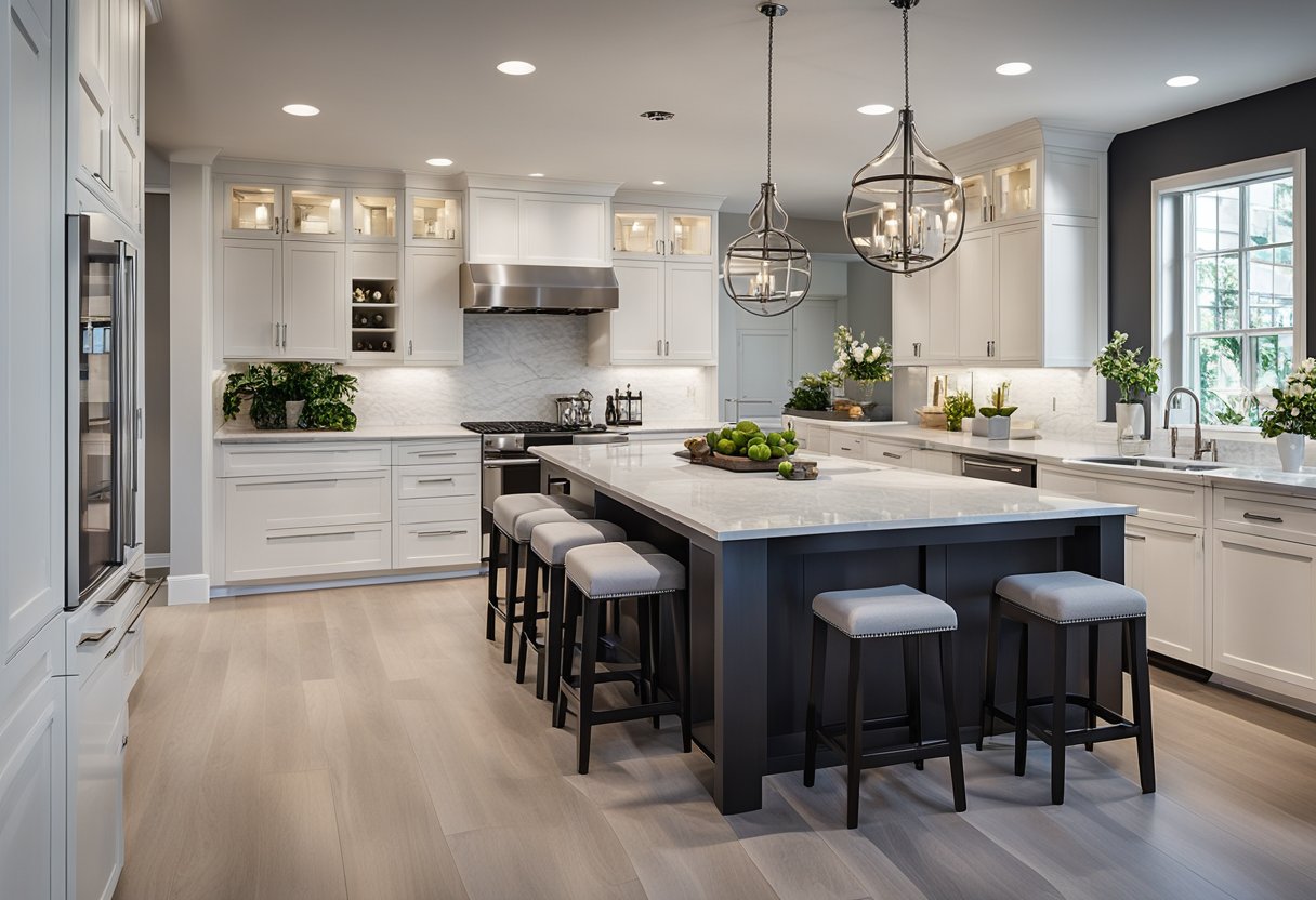 A modern kitchen with sleek white cabinets, marble countertops, and stainless steel appliances. A large island with bar seating and pendant lighting