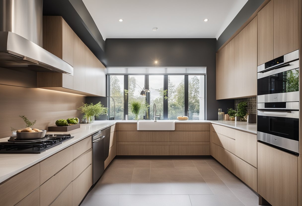A spacious, modern kitchen with sleek countertops, ample storage, and an island for entertaining. Natural light floods the open-concept space, creating a warm and inviting atmosphere