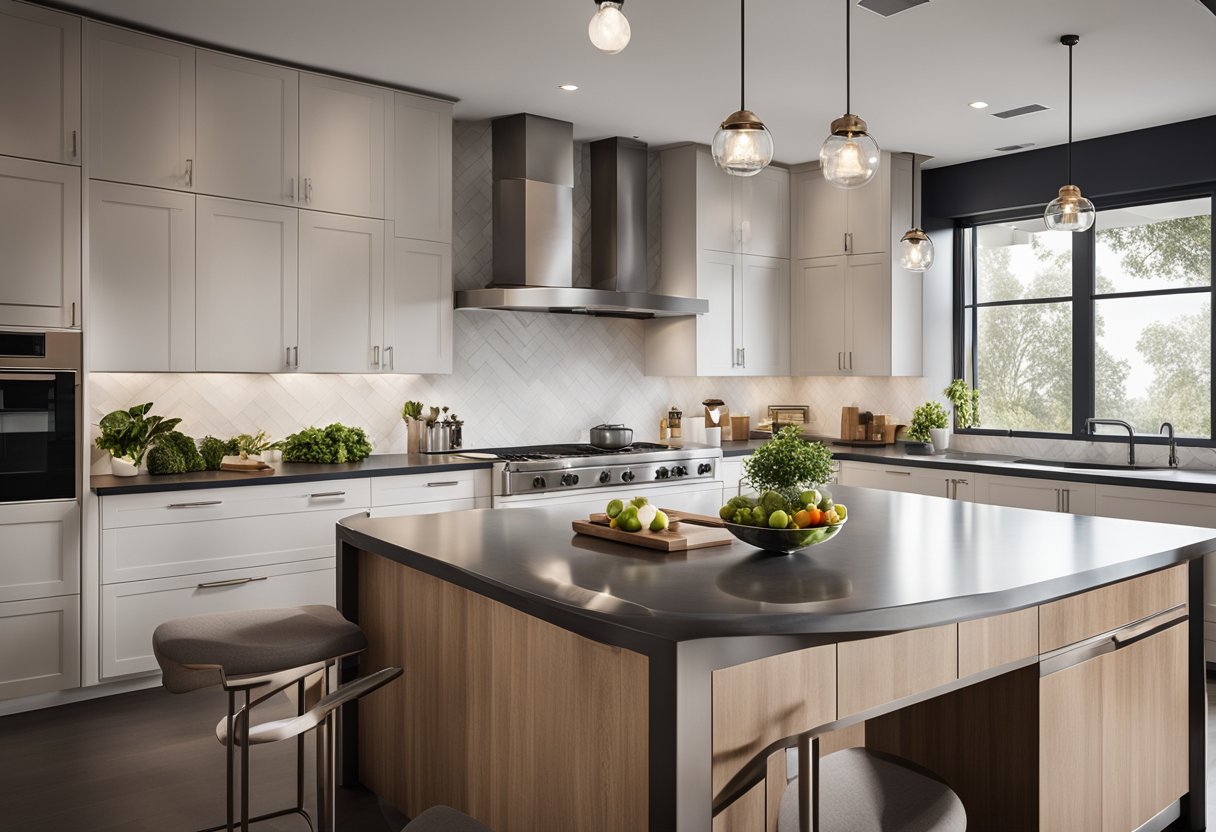 A modern kitchen with sleek countertops, ample storage, and integrated appliances. A large island serves as a central gathering space, while natural light floods in through large windows