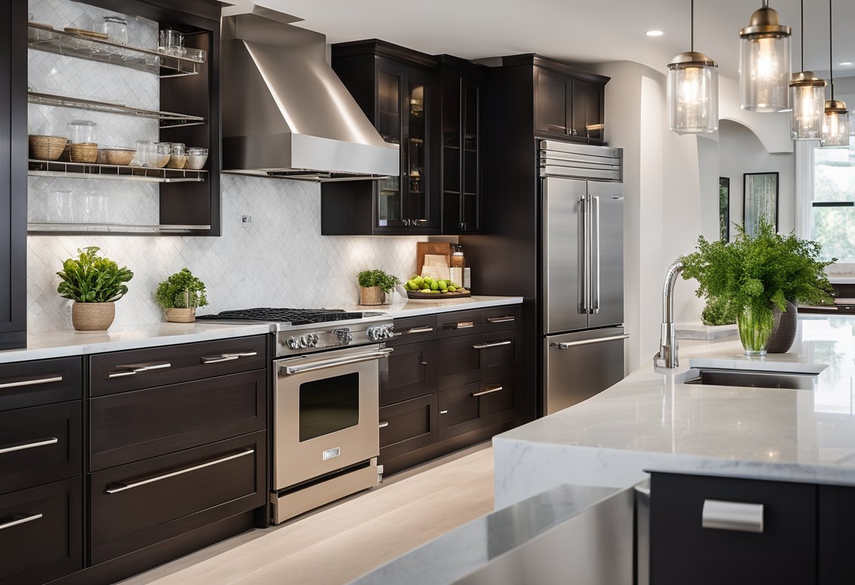 A sleek, stainless steel refrigerator and oven stand against white marble countertops and dark wood cabinets. A chrome faucet and handles gleam on the farmhouse sink