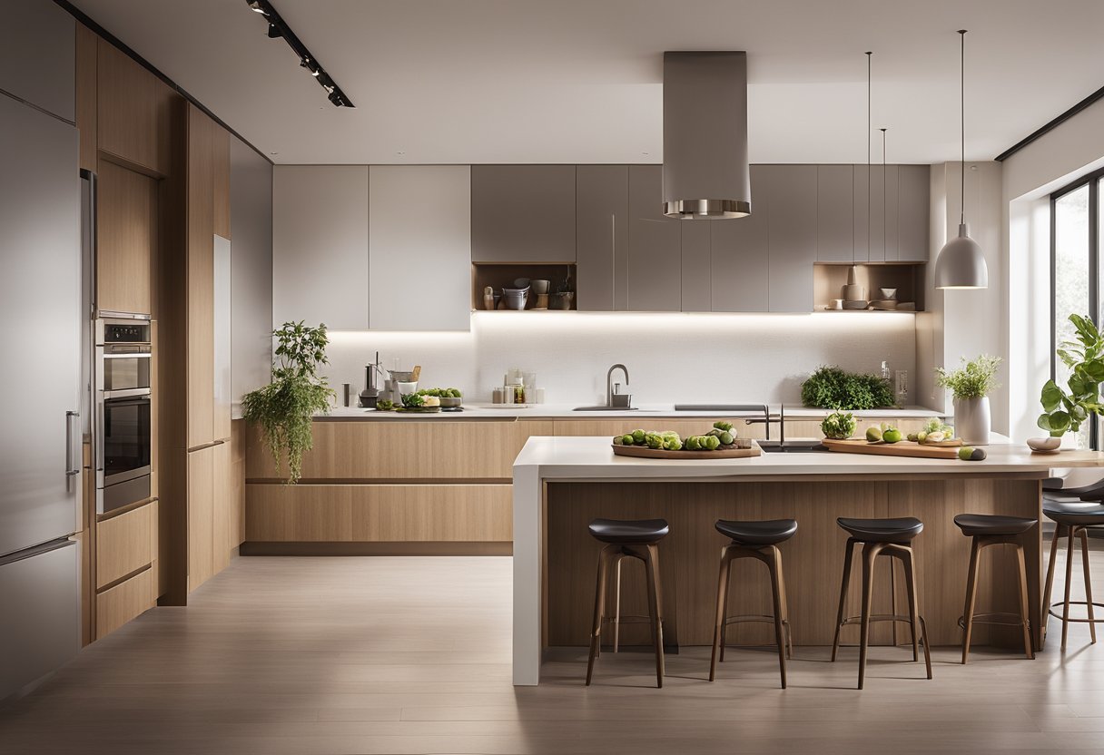 The modern kitchen is bathed in natural light, creating a warm and inviting atmosphere. The sleek, minimalist design is accented by soft, ambient lighting, highlighting the clean lines and contemporary finishes