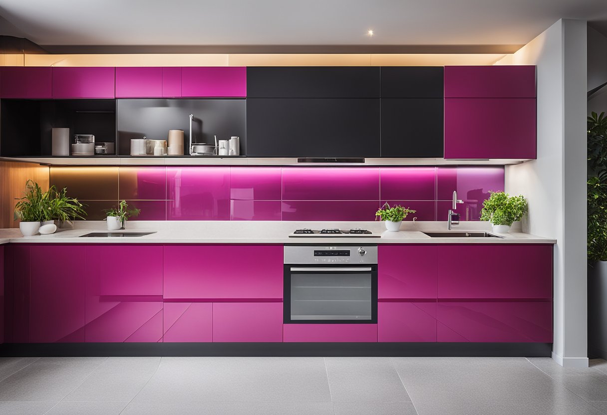 A sleek, minimalist kitchen with clean lines, stainless steel appliances, and a pop of color in the form of a vibrant backsplash