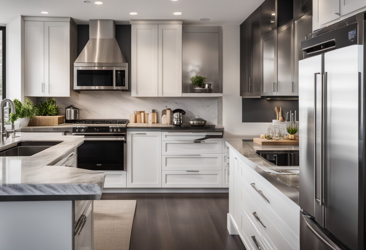 A modern kitchen with sleek cabinets, marble countertops, and stainless steel appliances. Bright lighting and a spacious layout create a practical and stylish space for cooking and entertaining