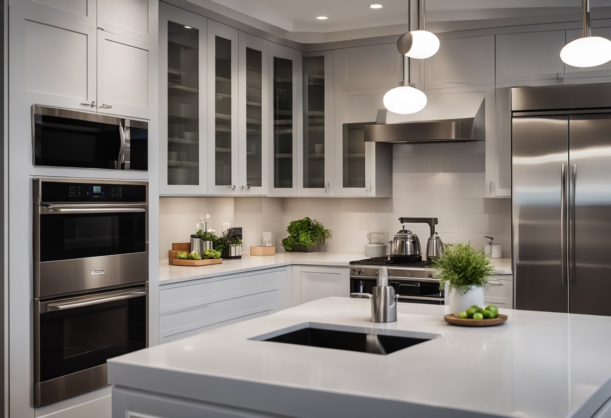 A modern kitchen with sleek cabinets, stainless steel appliances, and ample counter space. The design is functional and stylish, with a minimalist aesthetic