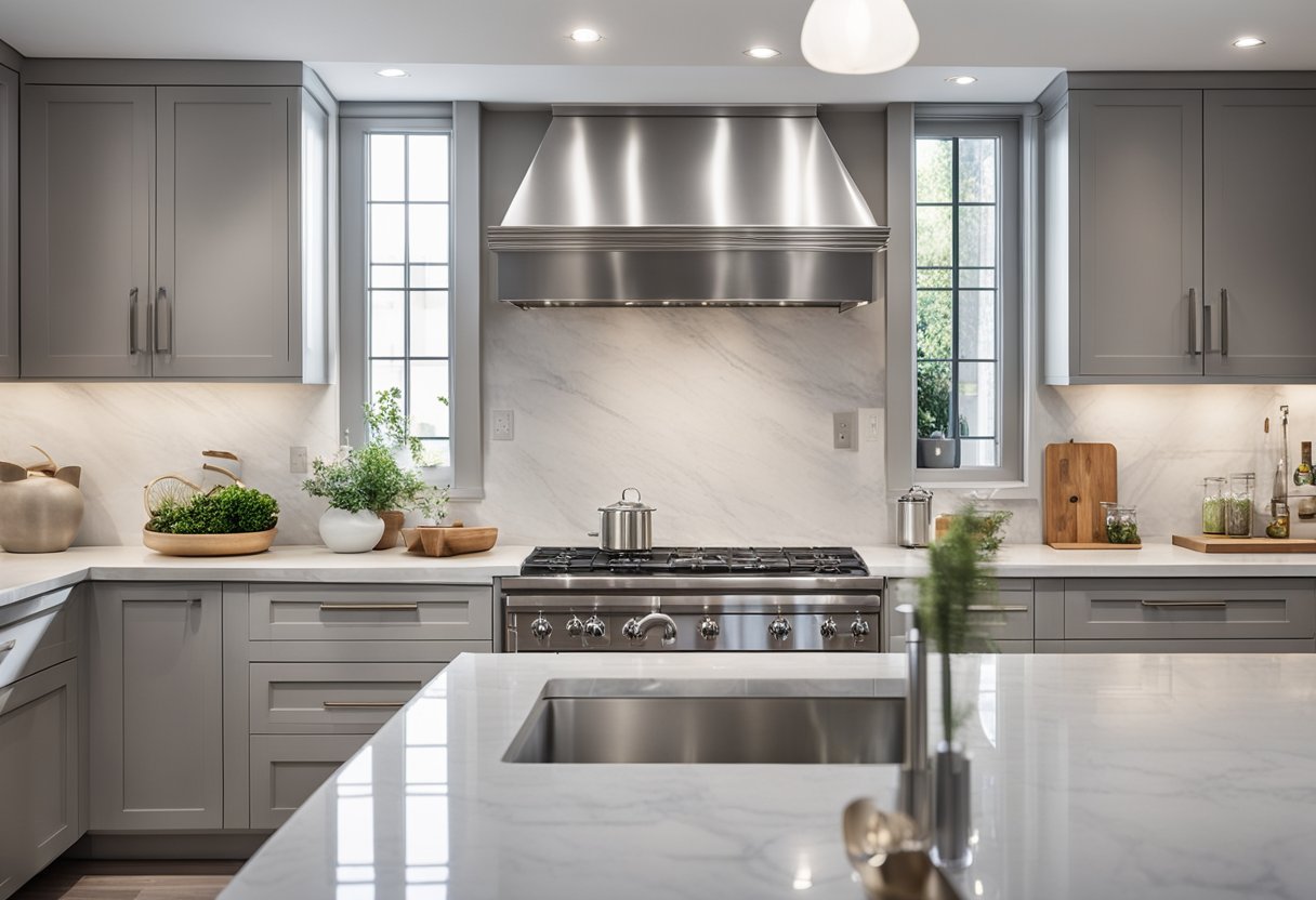 The modern kitchen features sleek stainless steel appliances, glossy white cabinets, and a marble countertop with a smooth, polished finish