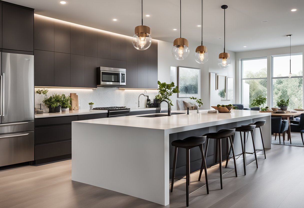 A sleek, open-plan kitchen with clean lines, minimalist cabinetry, and integrated appliances. Neutral color palette with pops of bold accents. Large island with waterfall edge and pendant lighting