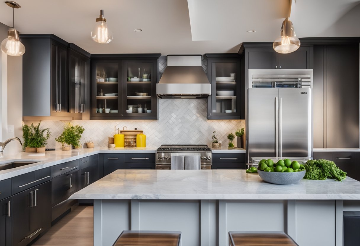 A sleek, open-concept kitchen with stainless steel appliances, marble countertops, and a pop of color in the form of vibrant kitchen accessories