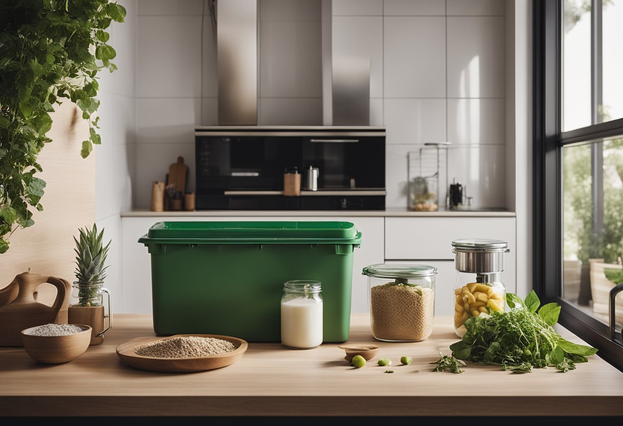 A sleek, minimalist kitchen with energy-efficient appliances, eco-friendly materials, and ample natural light. Recycling and composting bins are neatly organized, and a small herb garden sits on the windowsill