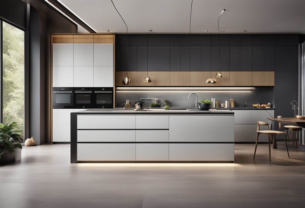 A sleek, minimalist kitchen with state-of-the-art appliances and smart technology integrated into the design. A large, central island with a built-in induction cooktop and touch-screen controls