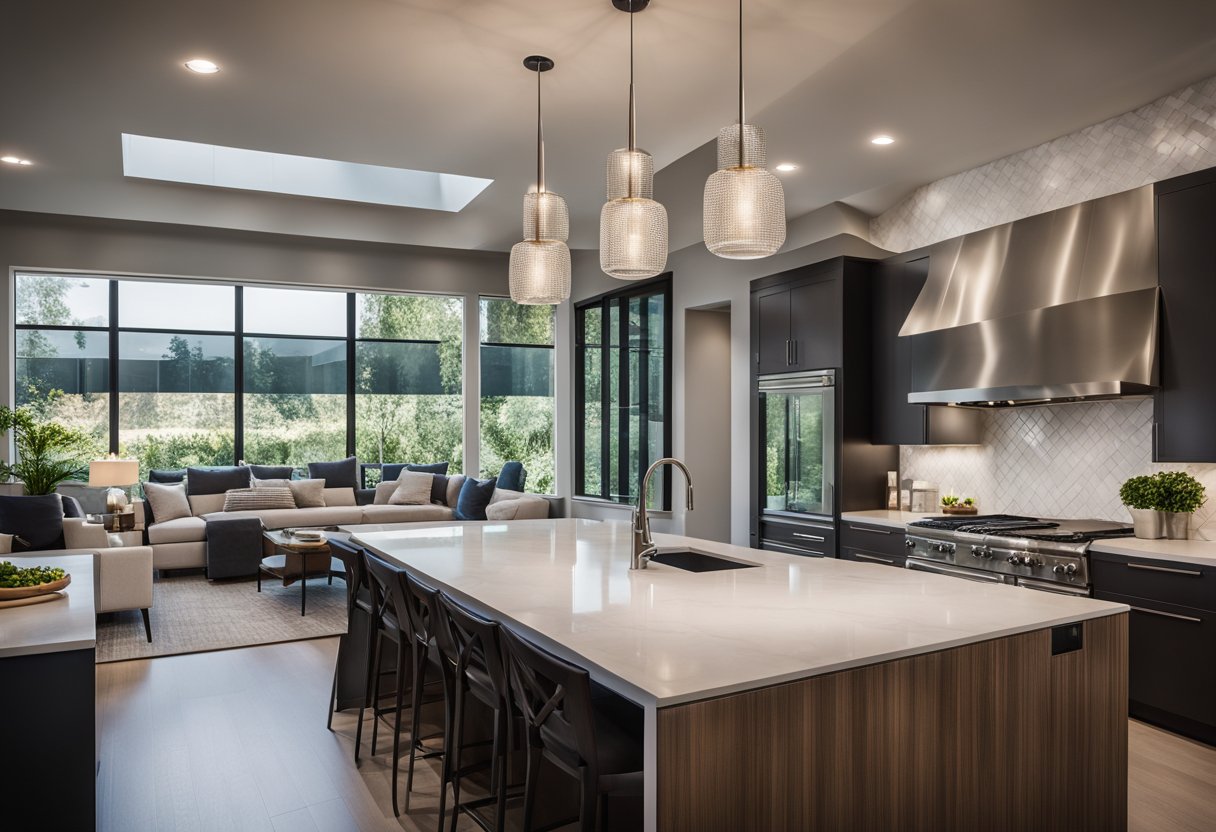 A modern kitchen with sleek lines, stainless steel appliances, and a large island with a waterfall countertop. Open shelving and pendant lighting add to the contemporary feel