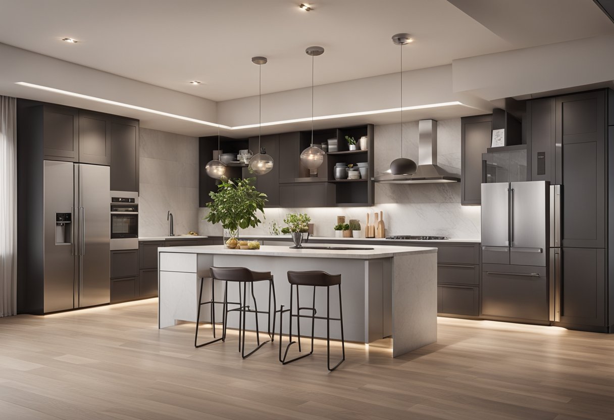 A spacious, modern kitchen with sleek cabinets, ample storage, and functional layout. Bright lighting and neutral color scheme create a welcoming atmosphere