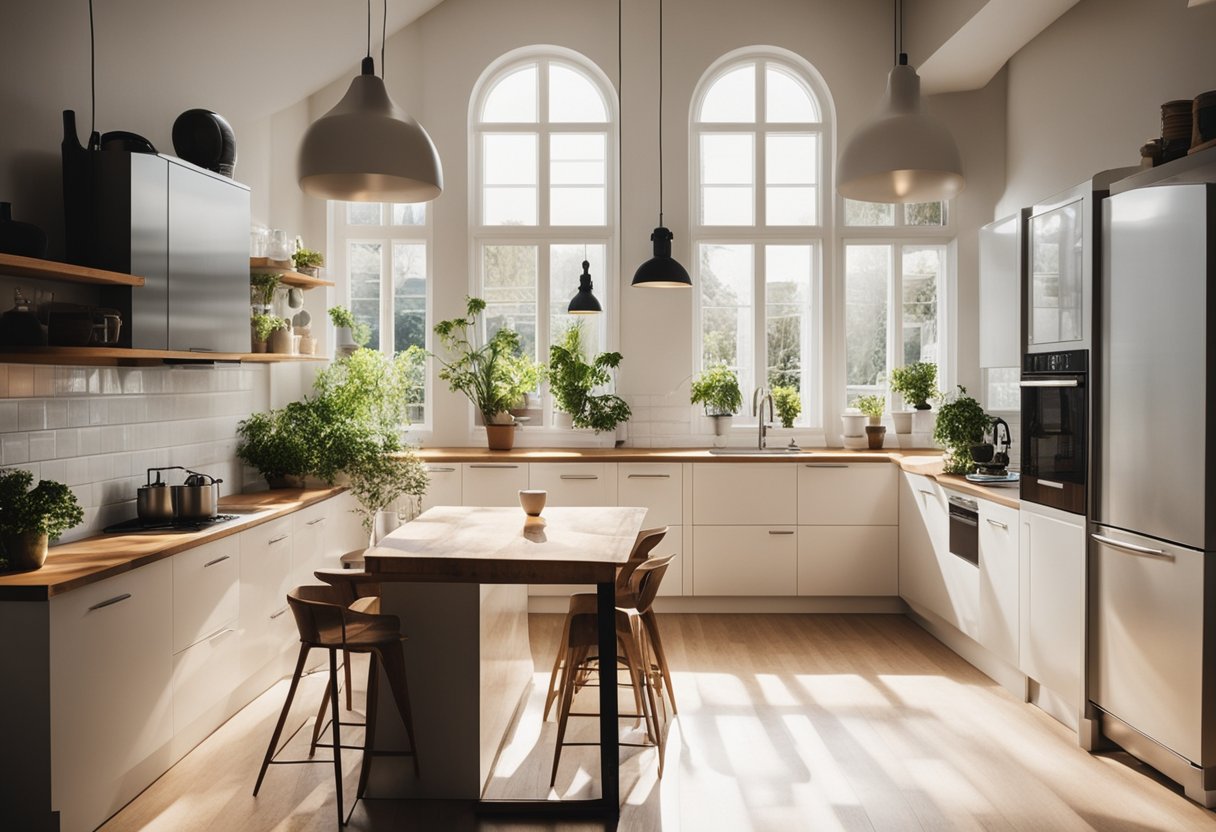A cozy kitchen with white cabinets, wooden countertops, and a small island. Sunlight streams in through the window, illuminating the space