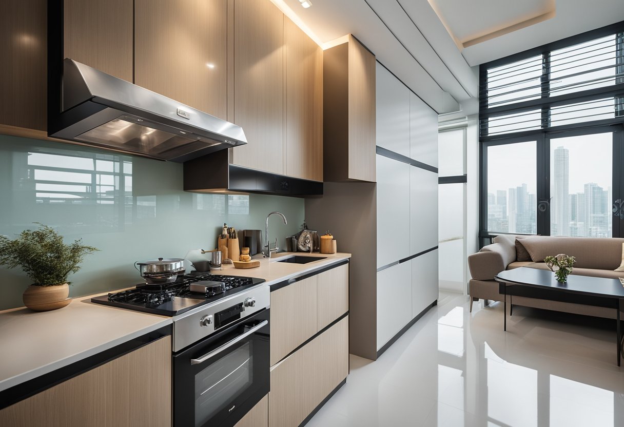 A spacious 5-room HDB kitchen with modern design elements and concepts, featuring sleek countertops, ample storage, and a functional layout